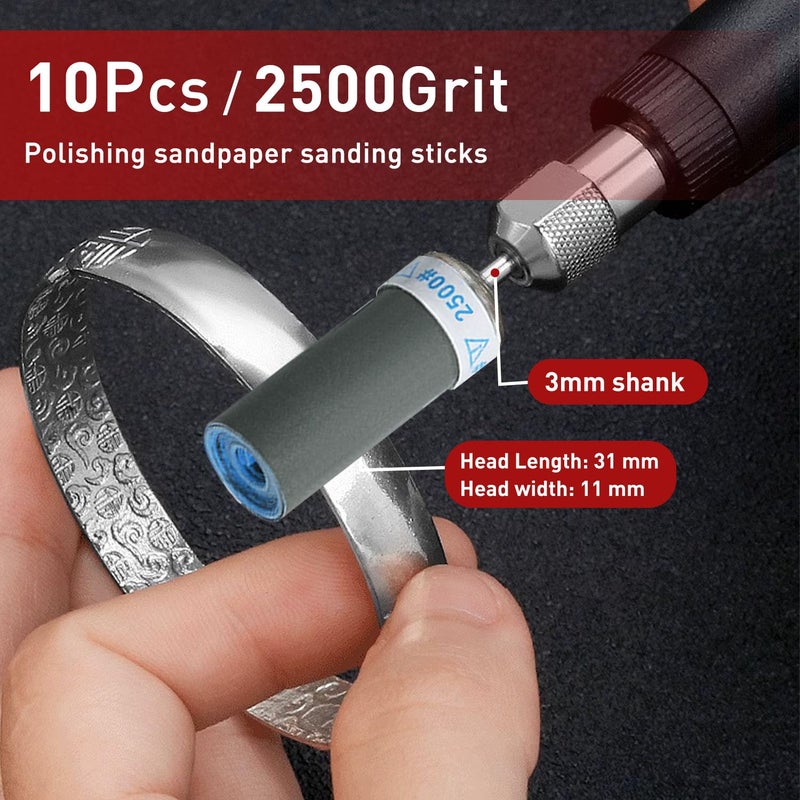 PONTASS 10Pcs 2500 Grit Sanding Drums Sandpaper Sticks Set with 1/8"(3mm) Shank for Dremel Rotary Tool, Suitable for Metal Rust Removal/Jade Polishing/Stone Grinding - Image 4